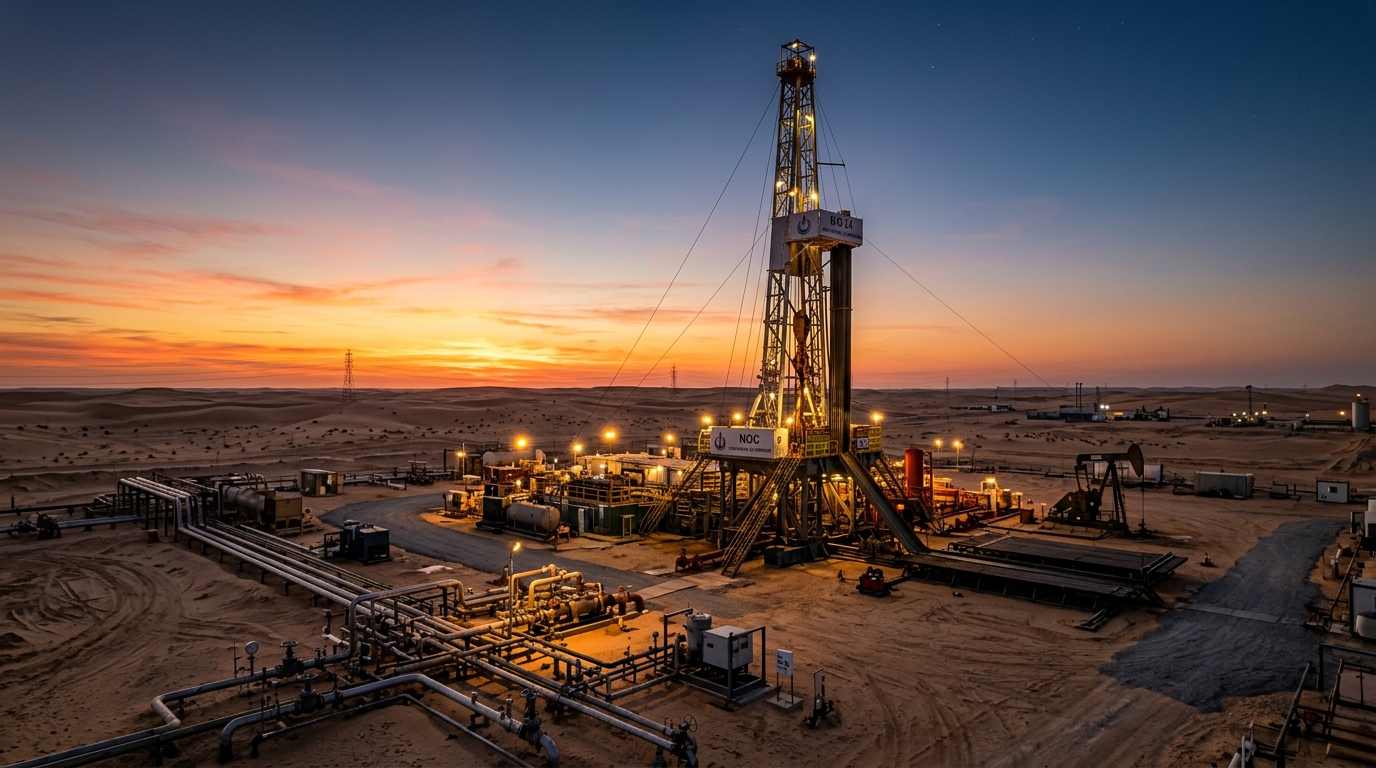 Libyan Oilfield Drilling Rig at Sunset
